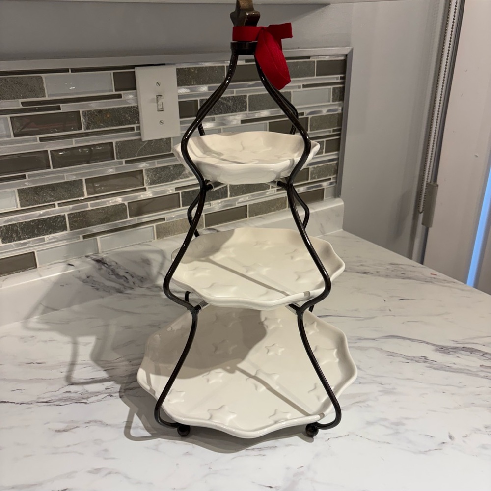 Princess House 3 Tier Christmas Tree Serving Tray white star embossed plates - Picture 5 of 15